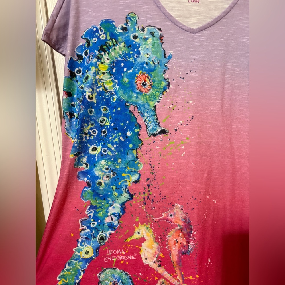 Leoma Lovegrove Colorful Seahorse Print Short Sleeve Blouse Large - Picture 2 of 11